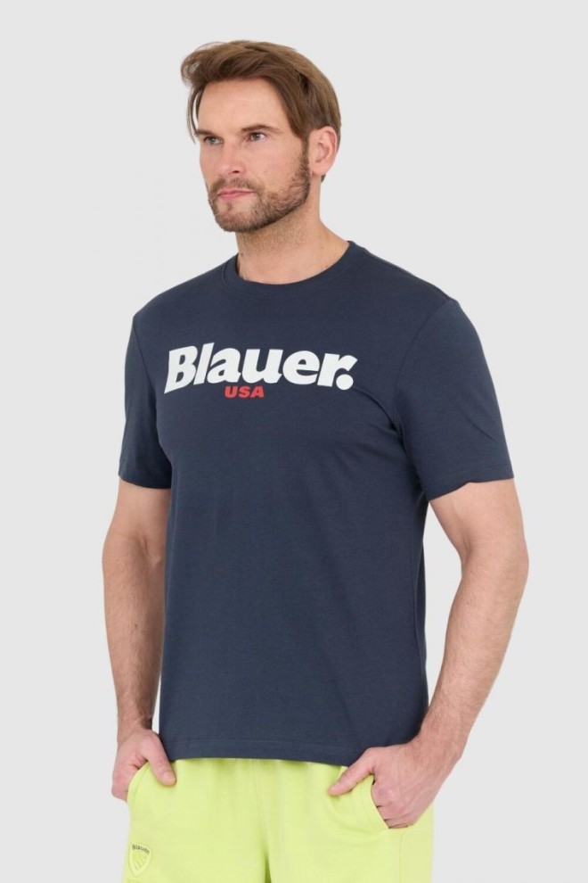 BLAUER Navy blue men's t-shirt with large logo