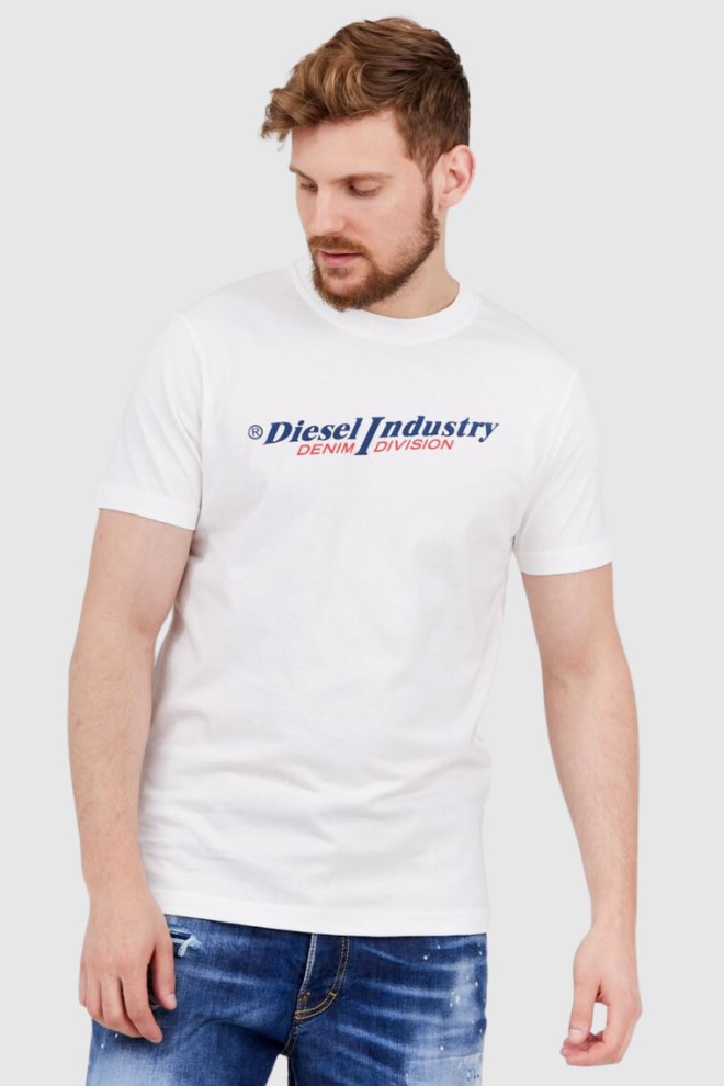 DIESEL Tricou alb pentru bărbați cu logo albastru marin