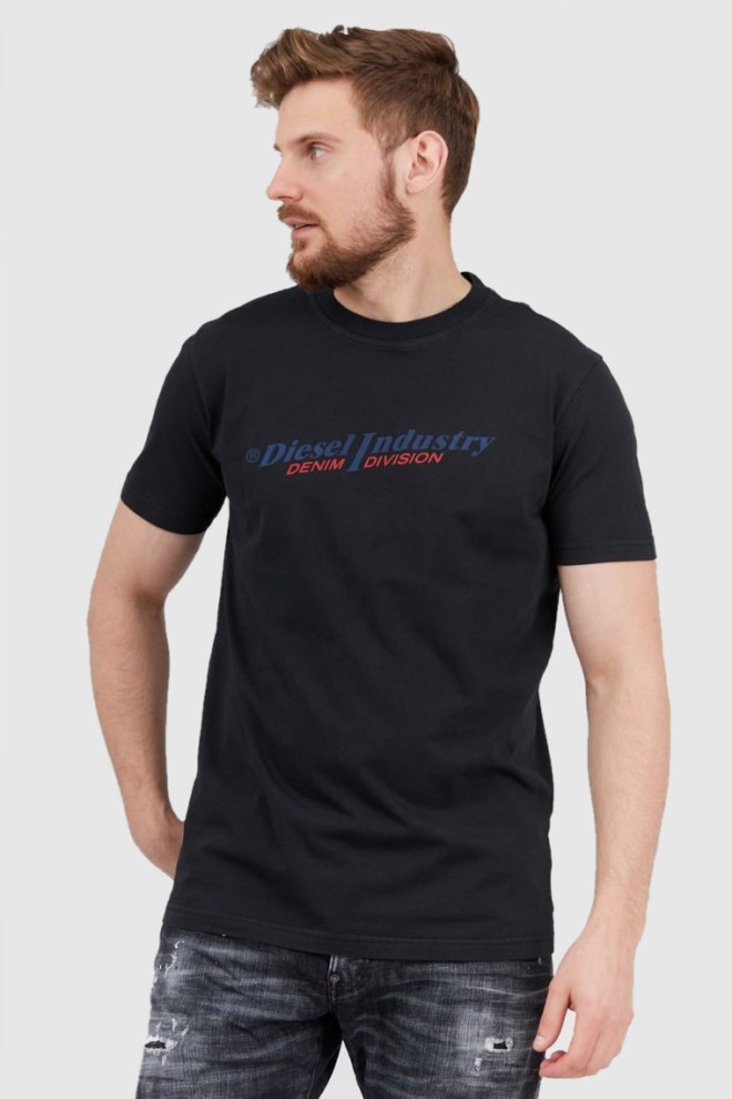 DIESEL Tricou negru pentru bărbați cu logo albastru marin