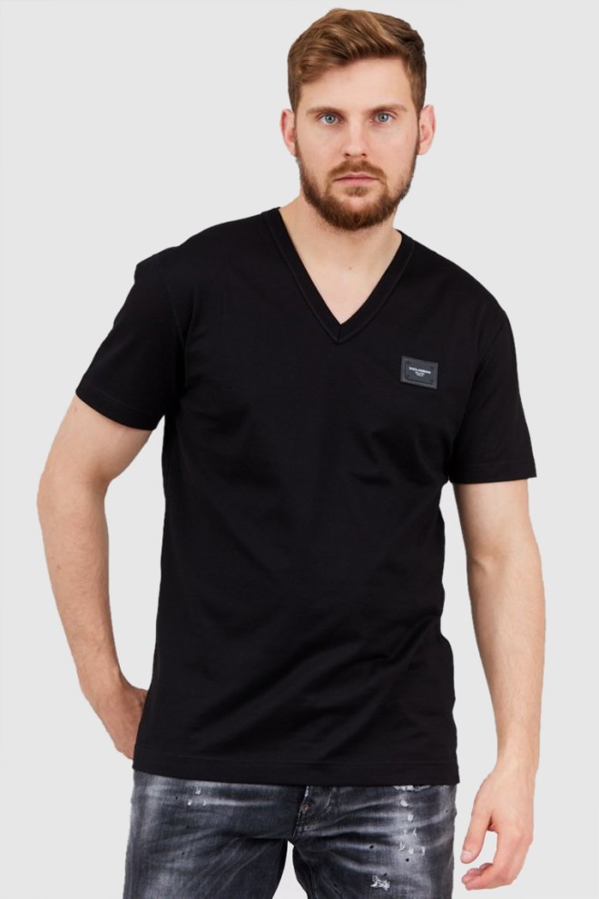 DOLCE & GABBANA Tricou negru pentru bărbați, cu decolteu în V și logo aplicat