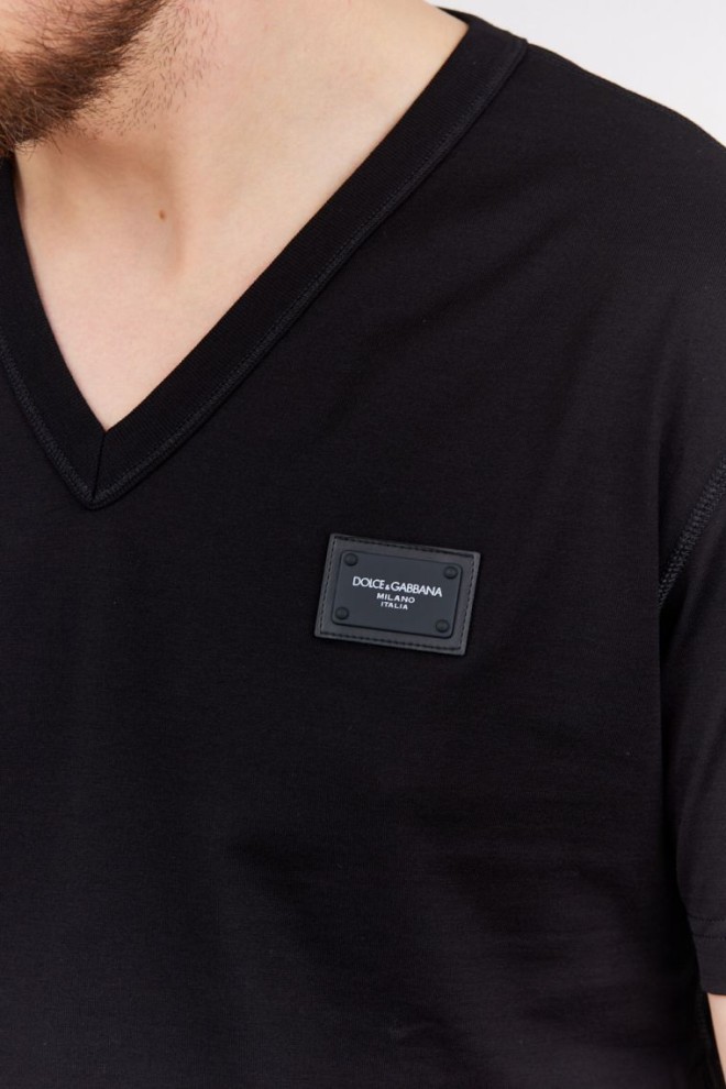 DOLCE & GABBANA Tricou negru pentru bărbați, cu decolteu în V și logo aplicat
