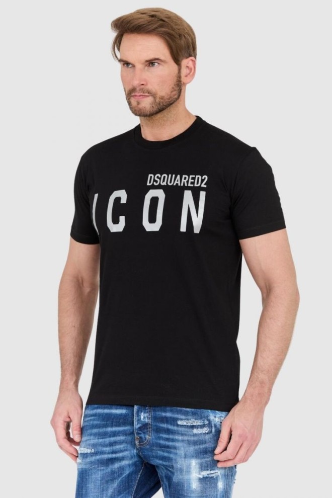 DSQUARED2 Tricou negru pentru bărbați cu logo-ul pictogramei cu sclipici argintiu