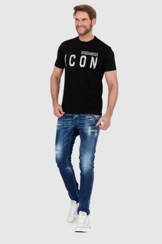 DSQUARED2 Tricou negru pentru bărbați cu logo-ul pictogramei cu sclipici argintiu