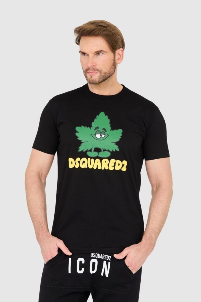 DSQUARED2 Black t-shirt with logo and green leaf