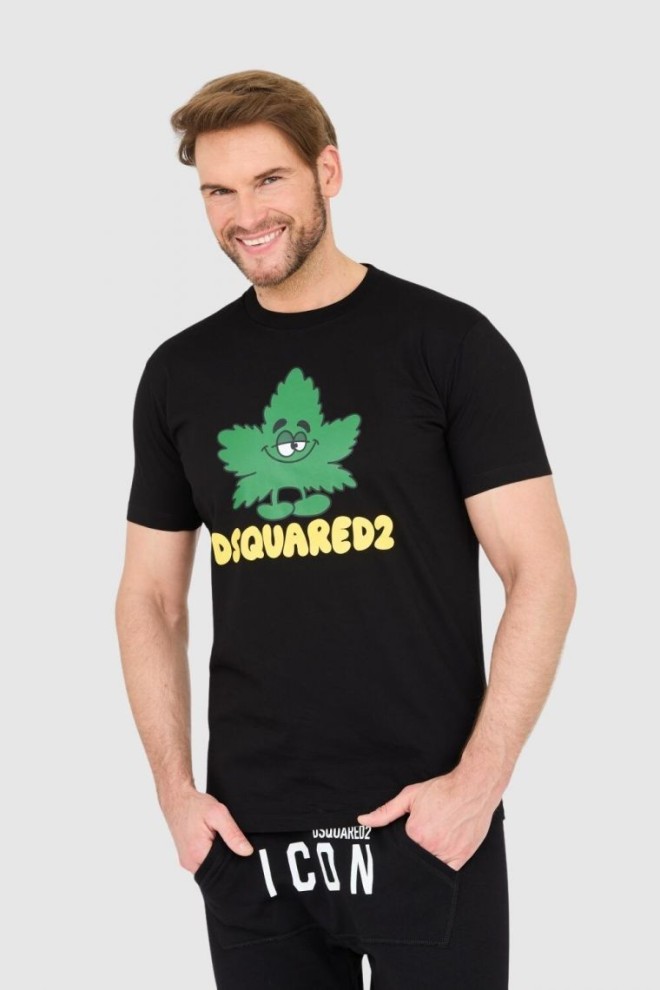 DSQUARED2 Tricou negru pentru bărbați cu logo și frunze verzi