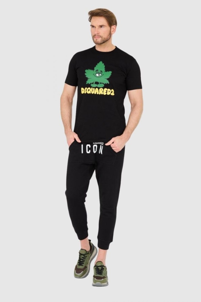 DSQUARED2 Tricou negru pentru bărbați cu logo și frunze verzi
