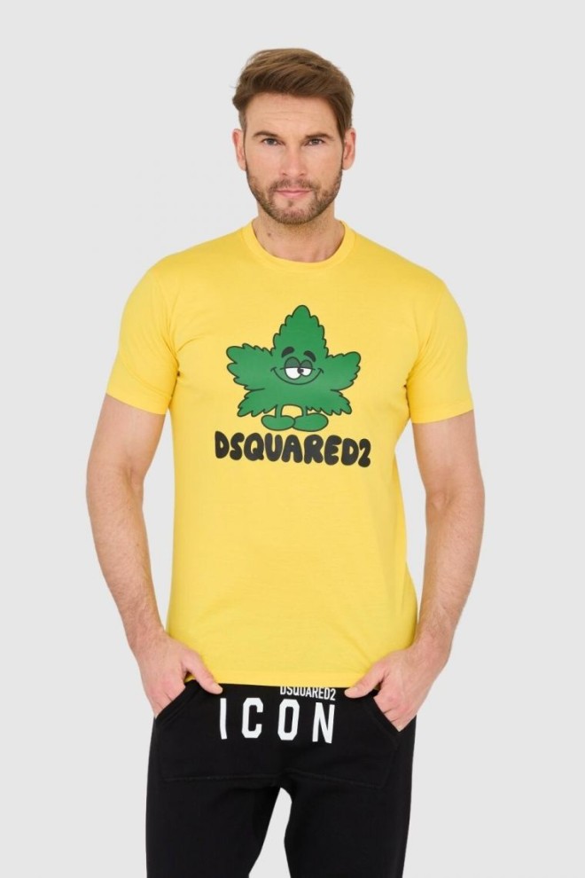 DSQUARED2 Tricou galben pentru bărbați cu logo și frunze verzi