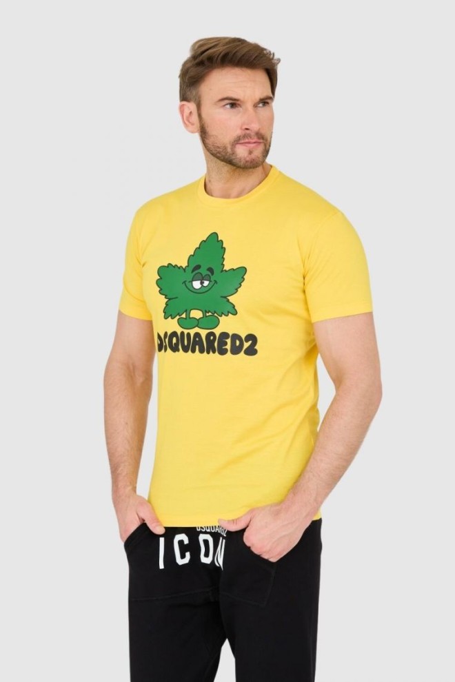 DSQUARED2 Tricou galben pentru bărbați cu logo și frunze verzi