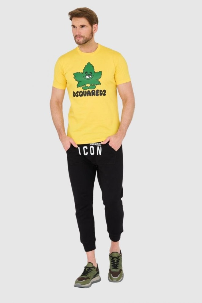 DSQUARED2 Tricou galben pentru bărbați cu logo și frunze verzi