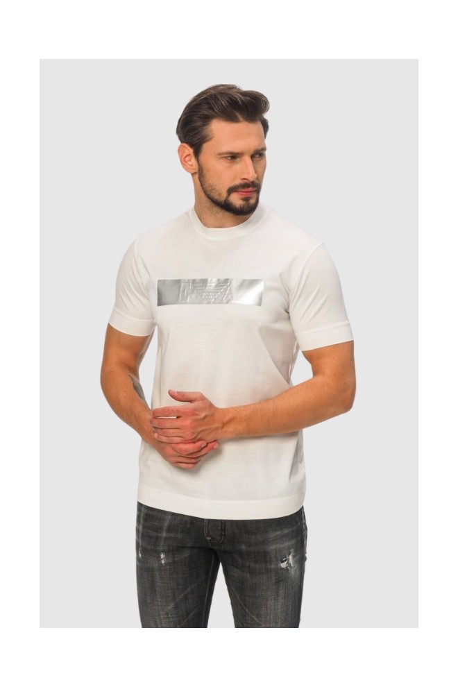 EMPORIO ARMANI Tricou alb pentru bărbați cu logo argintiu