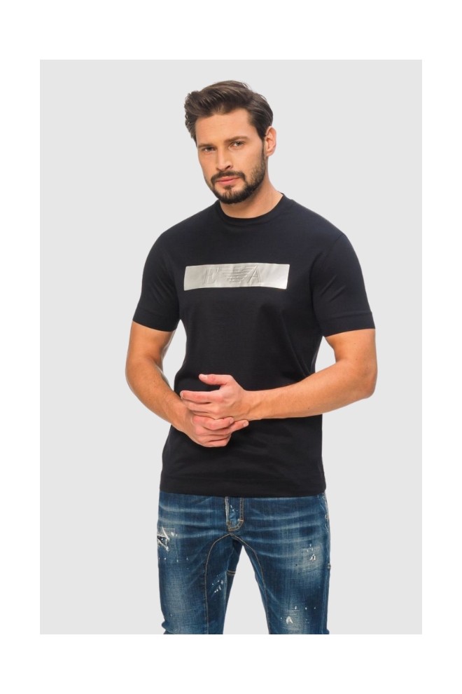 EMPORIO ARMANI Tricou albastru marin pentru bărbați cu logo argintiu