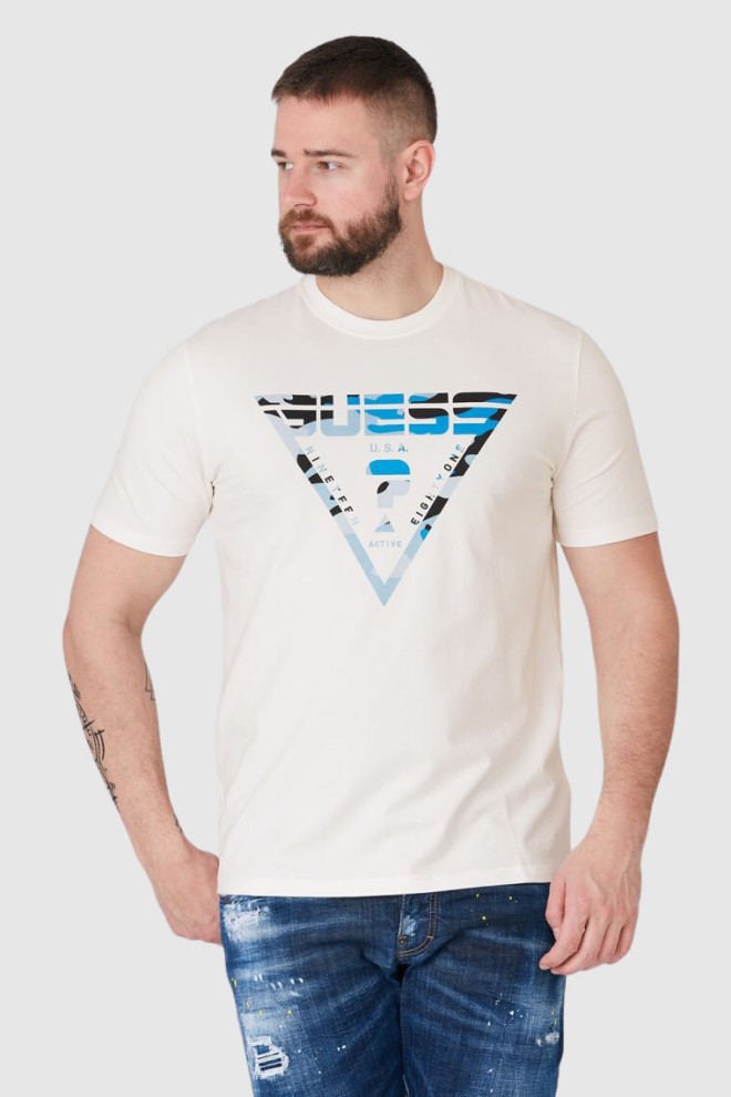 GUESS Biały t-shirt męski z logo w moro