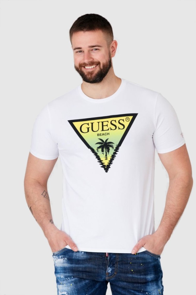 Біла чоловіча футболка з логотипом GUESS з пальмою