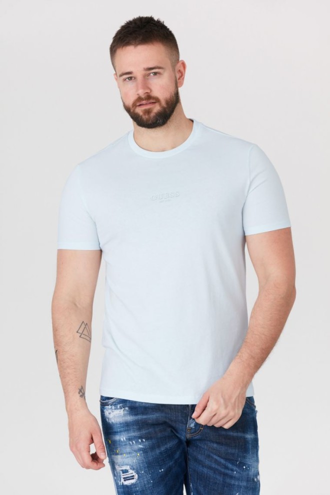 GUESS Tricou albastru pentru bărbați cu logo aplicat