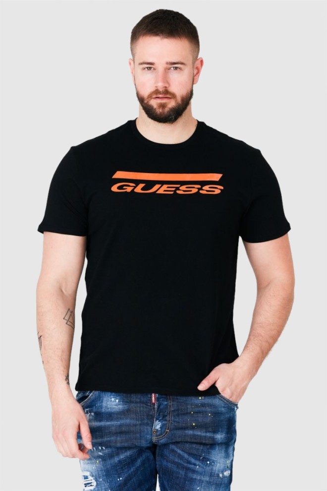 GUESS Czarny t-shirt męski z pomarańczowym logo