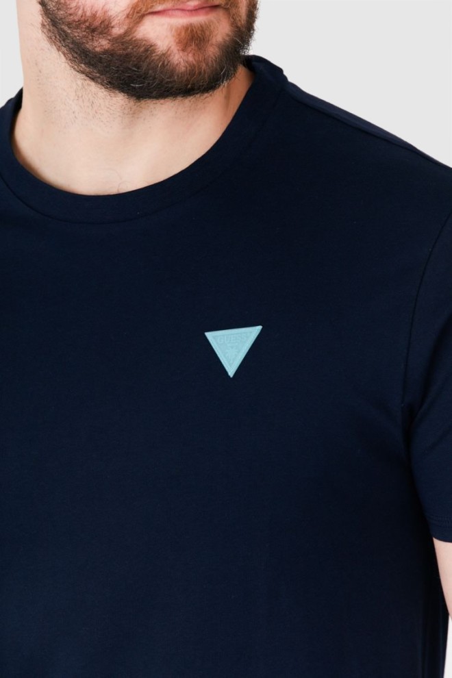 GUESS Tricou albastru marin pentru bărbați cu logo turcoaz