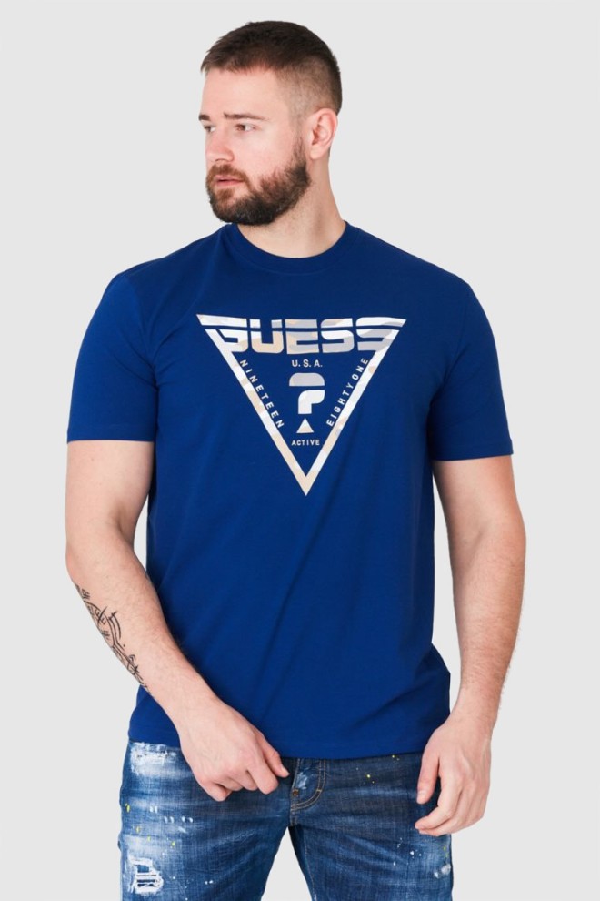 GUESS Men's navy blue logo t-shirt in moro pattern