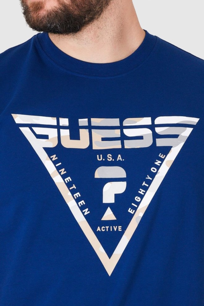 GUESS Men's navy blue logo t-shirt in moro pattern