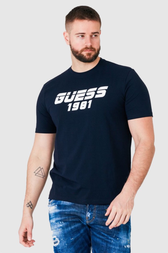 GUESS Tricou albastru marin pentru bărbați cu logo reflectorizant