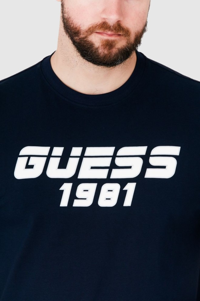GUESS Tricou albastru marin pentru bărbați cu logo reflectorizant