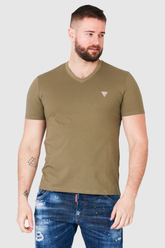 Tricou cu decolteu în V pentru bărbați GUESS Khaki
