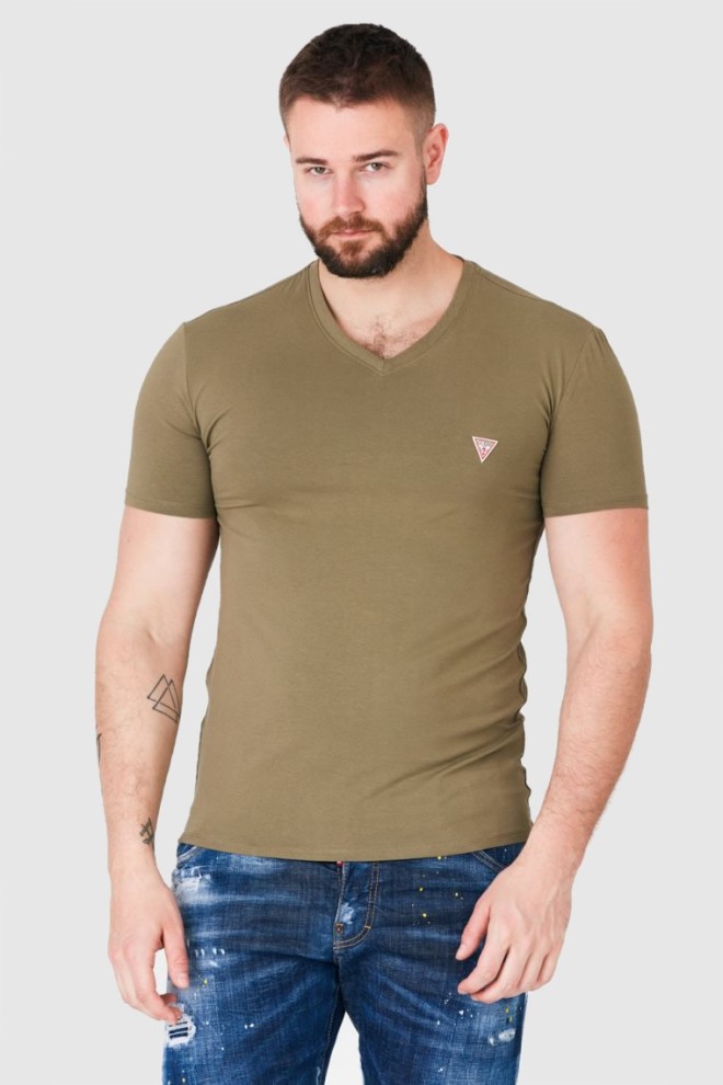 Tricou bărbătesc GUESS Khaki cu decolteu în V și elastan