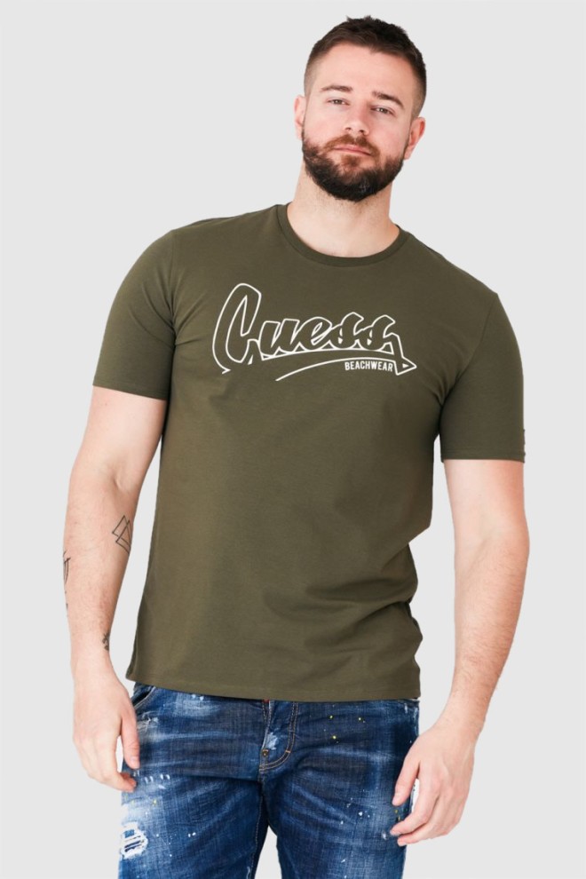 GUESS Oliwkowy t-shirt męski beachwear