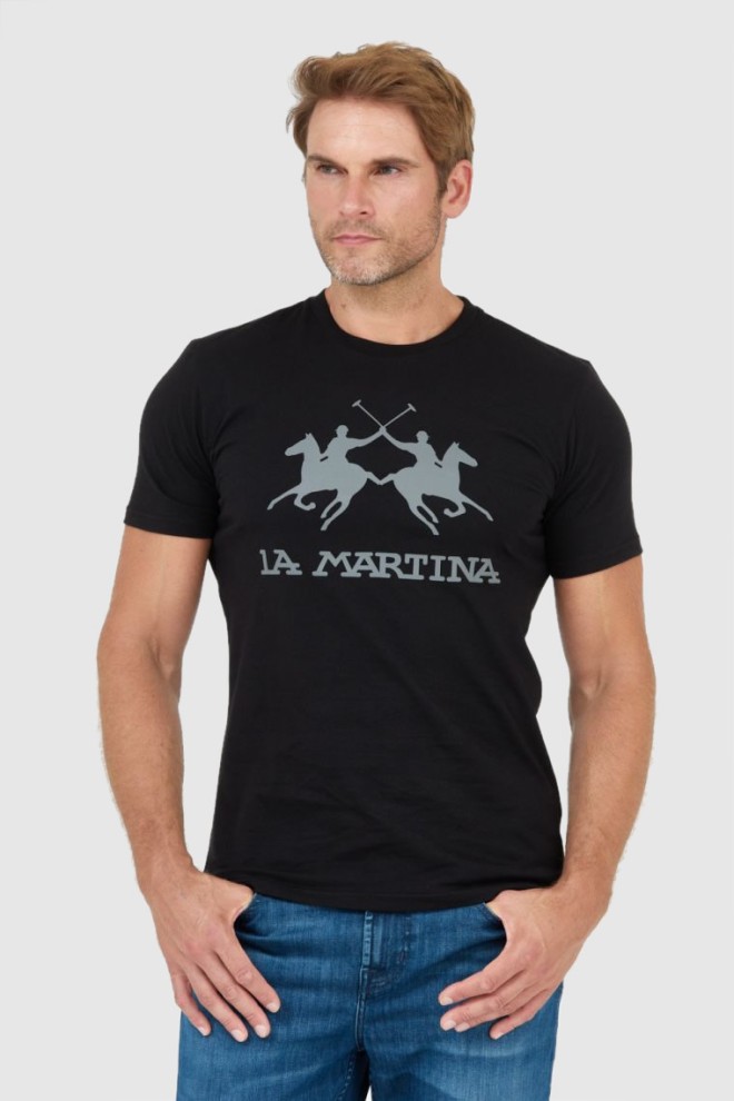 LA MARTINA Tricou negru pentru bărbați cu logo gri