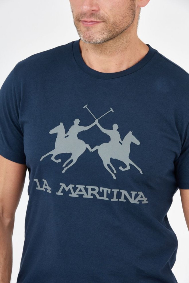 LA MARTINA Tricou albastru marin pentru bărbați cu logo gri