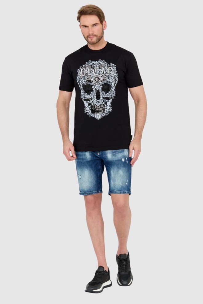 PHILIPP PLEIN Black men's t-shirt with skull decorated with rhinestones