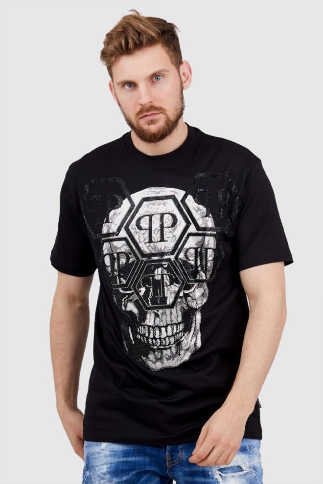 PHILIPP PLEIN Tricou negru cu gât rotund pentru bărbați ss iconic plein