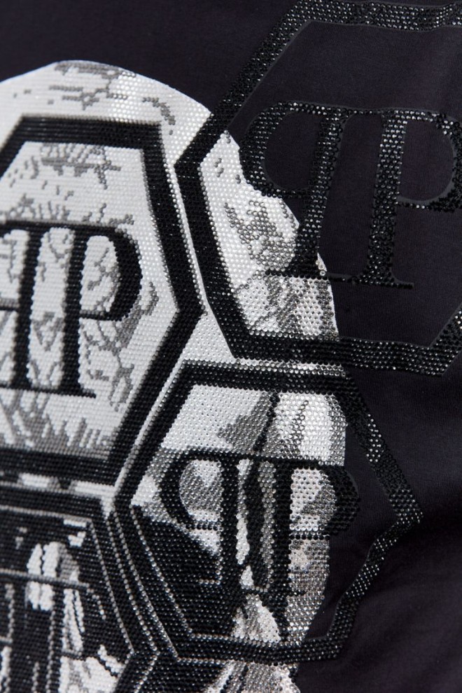 PHILIPP PLEIN Tricou negru cu gât rotund pentru bărbați ss iconic plein