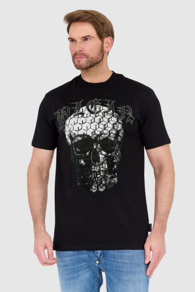 PHILIPP PLEIN Tricou negru pentru bărbați, cu pietre prețioase, craniu și logo