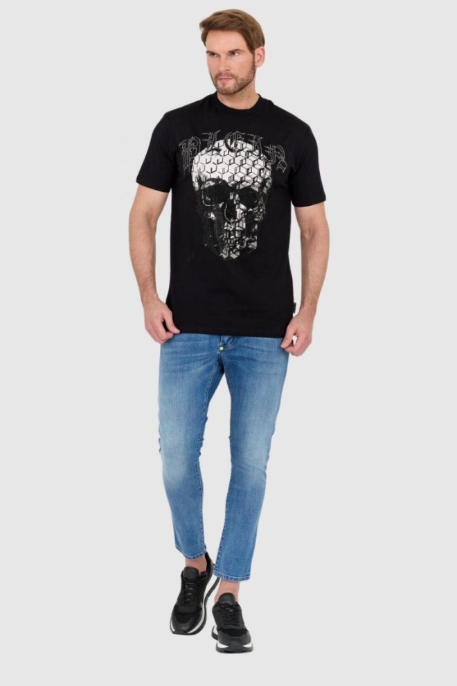 PHILIPP PLEIN Tricou negru pentru bărbați, cu pietre prețioase, craniu și logo