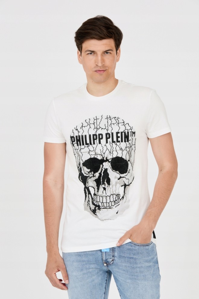 PHILIPP PLEIN Tricou alb pentru bărbați cu craniu crăpat