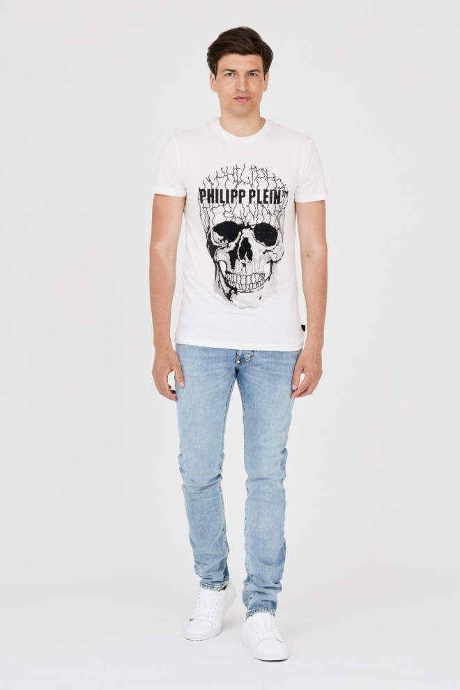 PHILIPP PLEIN Tricou alb pentru bărbați cu craniu crăpat