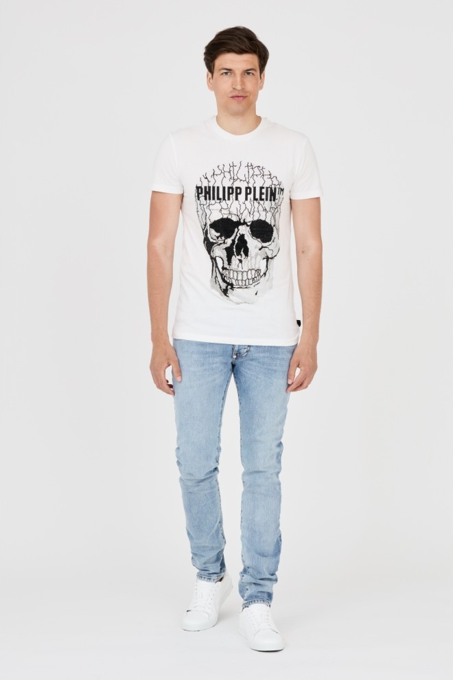 PHILIPP PLEIN T-shirt biały z popękaną czaszką