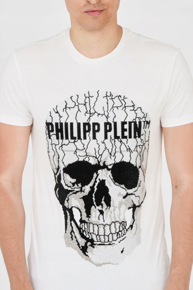 PHILIPP PLEIN Tricou alb pentru bărbați cu craniu crăpat