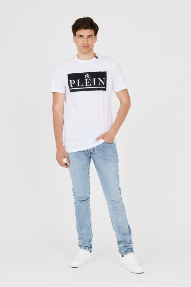 PHILIPP PLEIN Tricou alb pentru bărbați cu logo mare