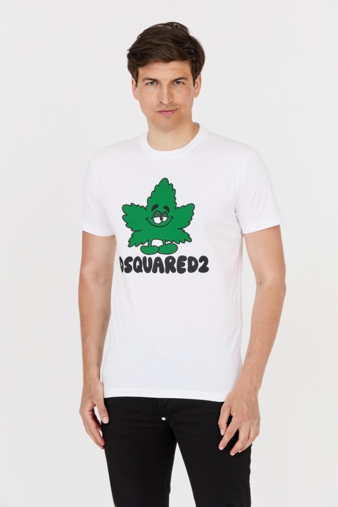 DSQUARED2 Biały t-shirt z zielonym liściem