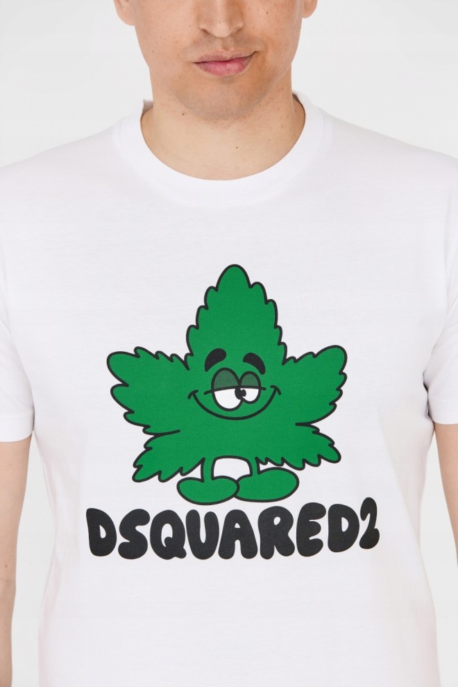 DSQUARED2 Biały t-shirt z zielonym liściem