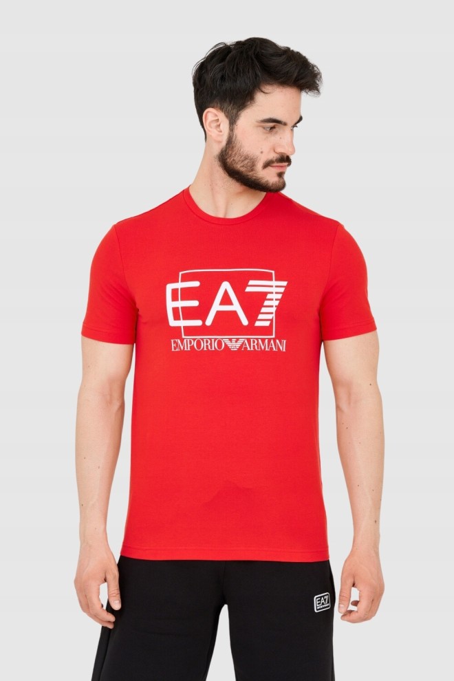 EA7 Czerwony męski t-shirt z dużym białym logo