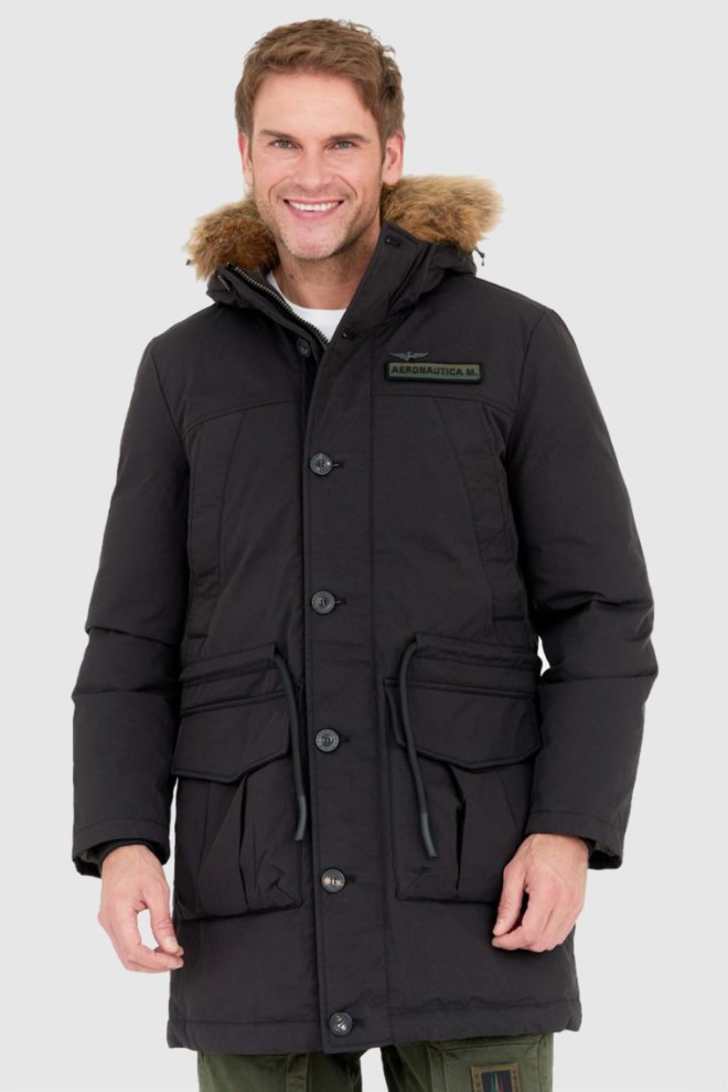 AERONAUTICA MILITARE Black men's parka with raccoon fur