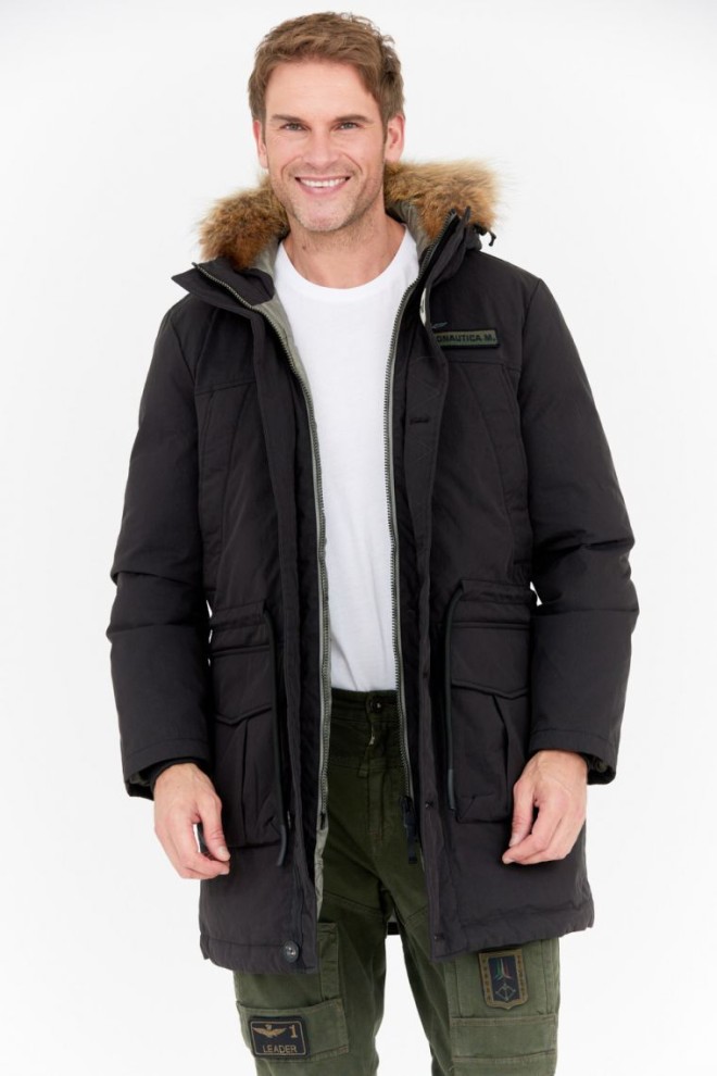 AERONAUTICA MILITARE Black men's parka with raccoon fur