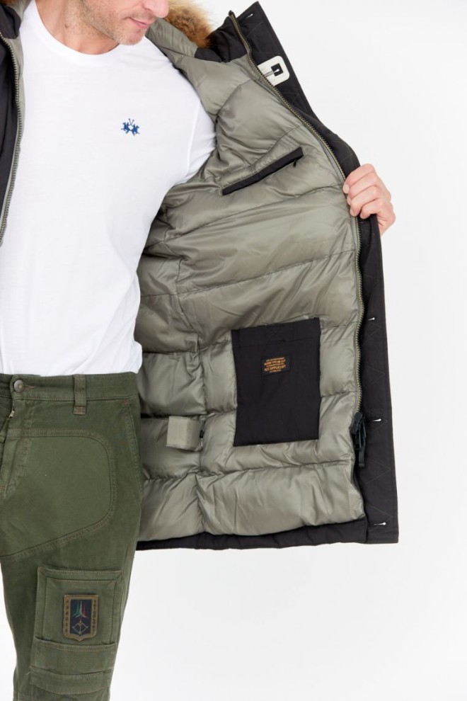 AERONAUTICA MILITARE Parka neagră pentru bărbați cu blană de raton