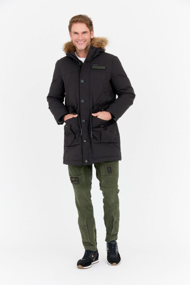 AERONAUTICA MILITARE Parka neagră pentru bărbați cu blană de raton