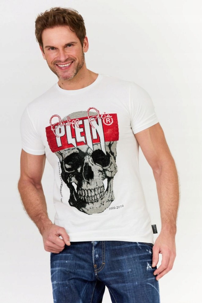 PHILIPP PLEIN Biały t-shirt z czaszką i logo