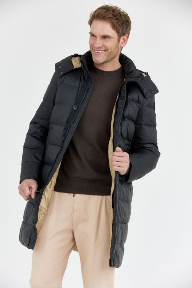 BLAUER Jachetă neagră lungă pentru bărbați GUS cu glugă detașabilă