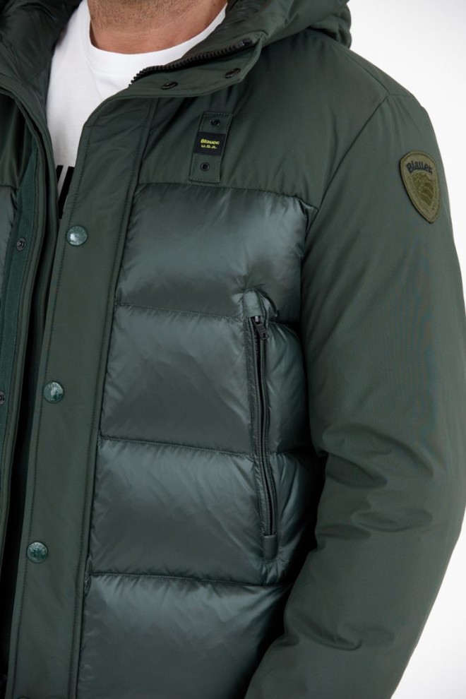 BLAUER Dark green men's down jacket with hood