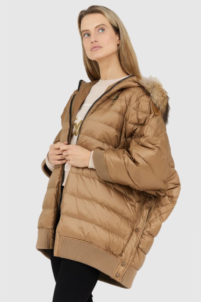 BLAUER Brown down cape with raccoon fur